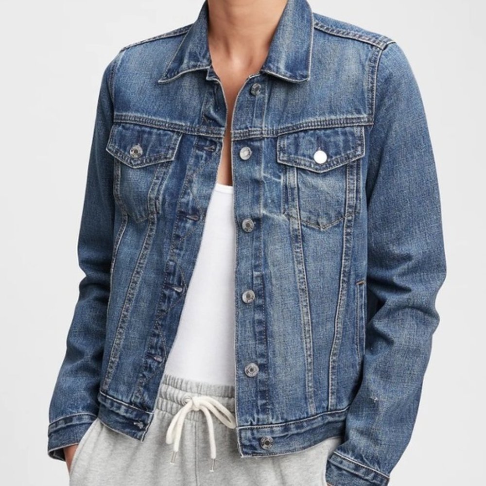 GAP Icon Denim Jean Trucker Jacket Medium Saddle Blue Wash XS - Picture 11 of 11